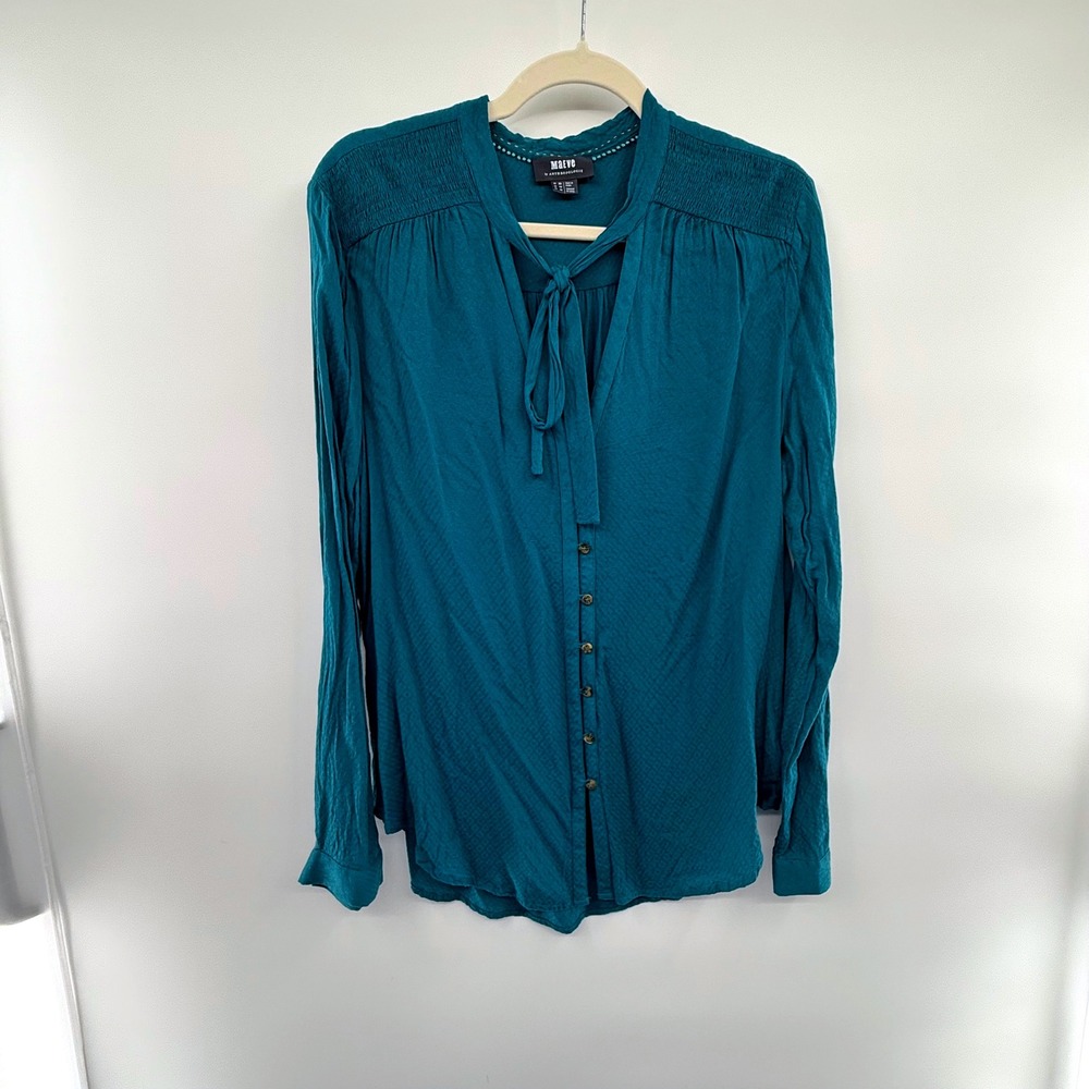 Maeve Anthropologie Teal‎ Boho Blouse XL Tie Neck Smocked Long Sleeve Top
